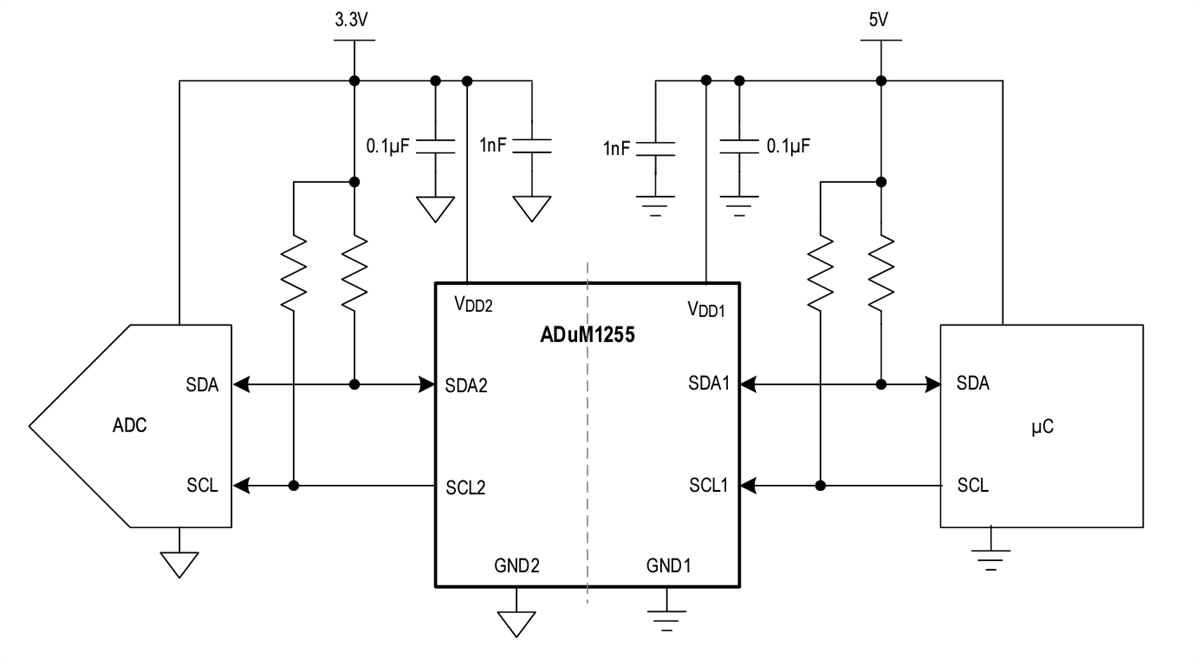 Application Circuit Diagram - Analog Devices Inc. ADuM1254 & ADuM1255 I2C Isolators